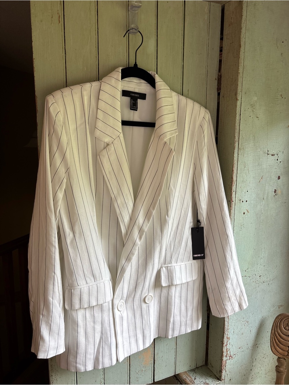 Forever 21 White Pinstripe Double-Breasted Sport Coat